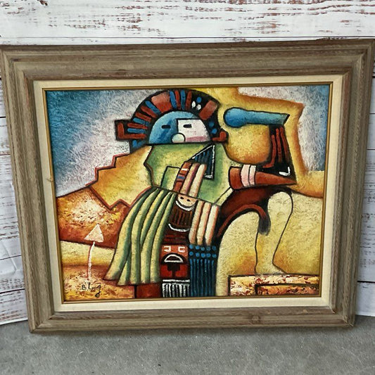 Signed BILL LONG Netherlands Aztec Colorful Painting- FRAMED 31" X 27"