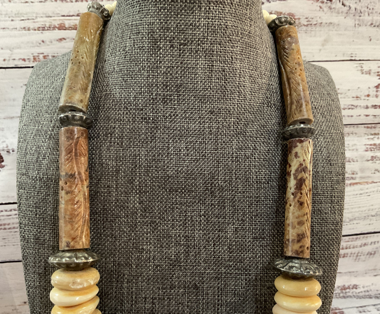 Vintage Tribal Hand Carved Soapstone Silver Plated Disc Necklace