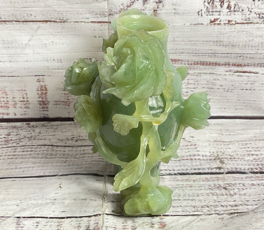 Vintage Chinese Rose Carved Natural Stone Jar Green