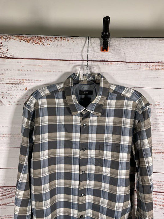 Hugo Boss Men's Long Sleeve Buttoned Plaid Shirt Blue & Grey Size L