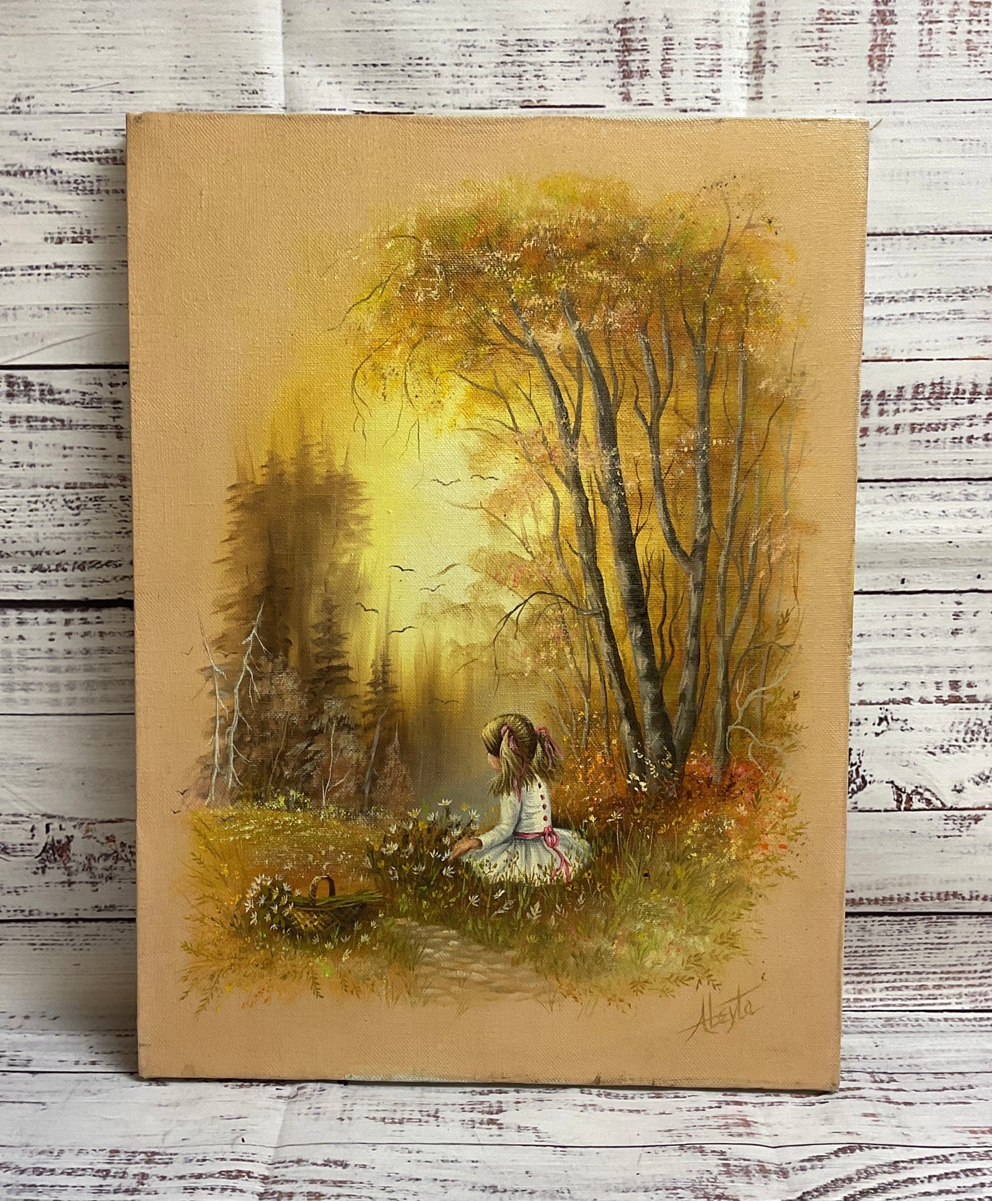 Set of Two Vintage Painting Boy and Girl by the Creek by Gloria Abeyta Signed.