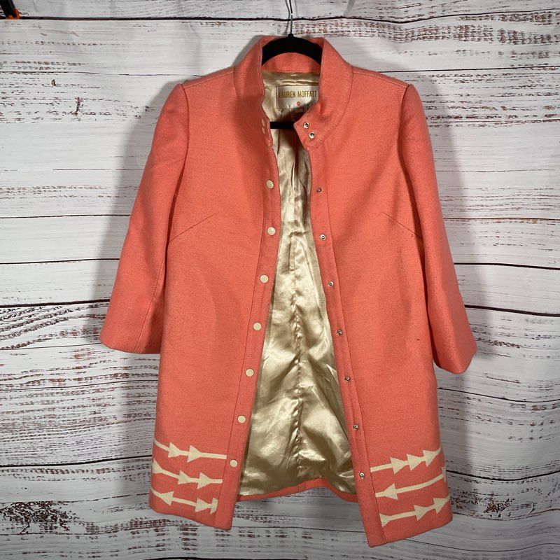 Lauren Moffatt Eastwood Salmon Pink High Neck Wool Blend Arrow Coat - Size S