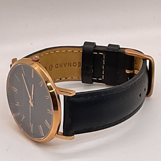 LEONARD & CHURCH Men's Gold Tone Black Leather Band Watch