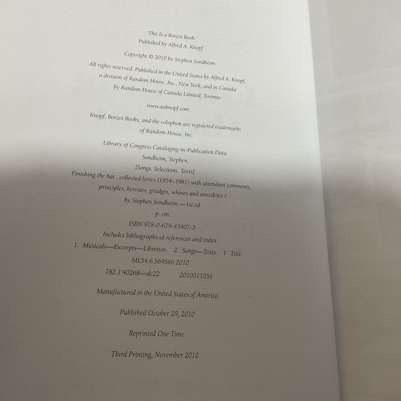 Stephen Sondheim Finishing The Hat : Collected Lyrics 1954-1981