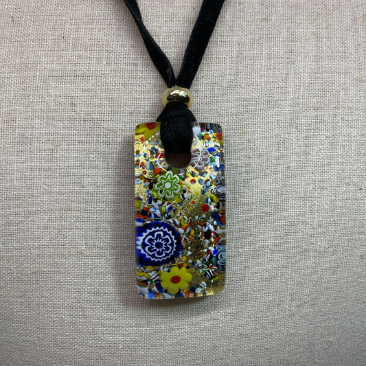 Millefiori Glass Pendant and Earrings Velvet String Necklace & Earring Set