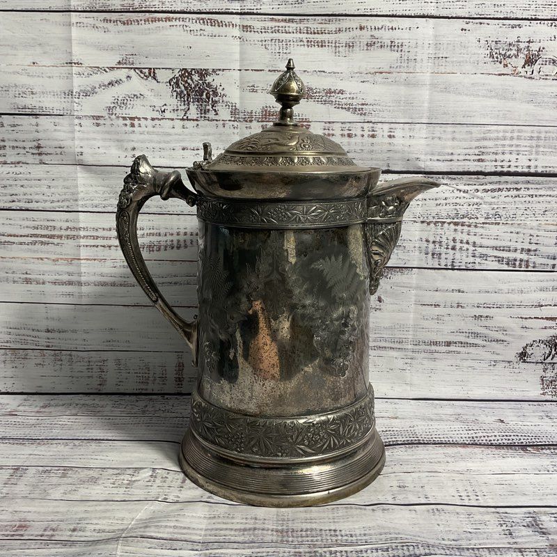 Meriden B Company Antique 1800s Silver Plate Floral 12" Stein Pitcher Damaged