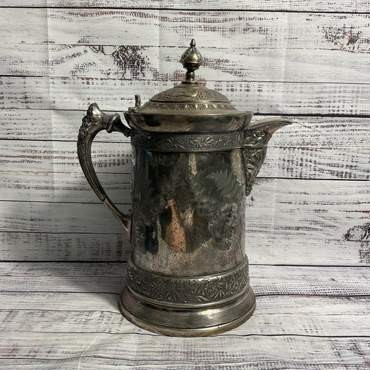 Meriden B Company Antique 1800s Silver Plate Floral 12" Stein Pitcher Damaged