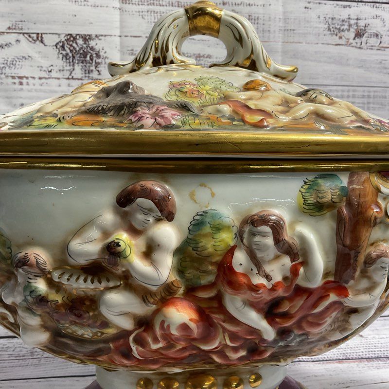 VTG Keramos R. Capodimonte Cherub Pedestal Bowl Lidded 20" Italian Tureen