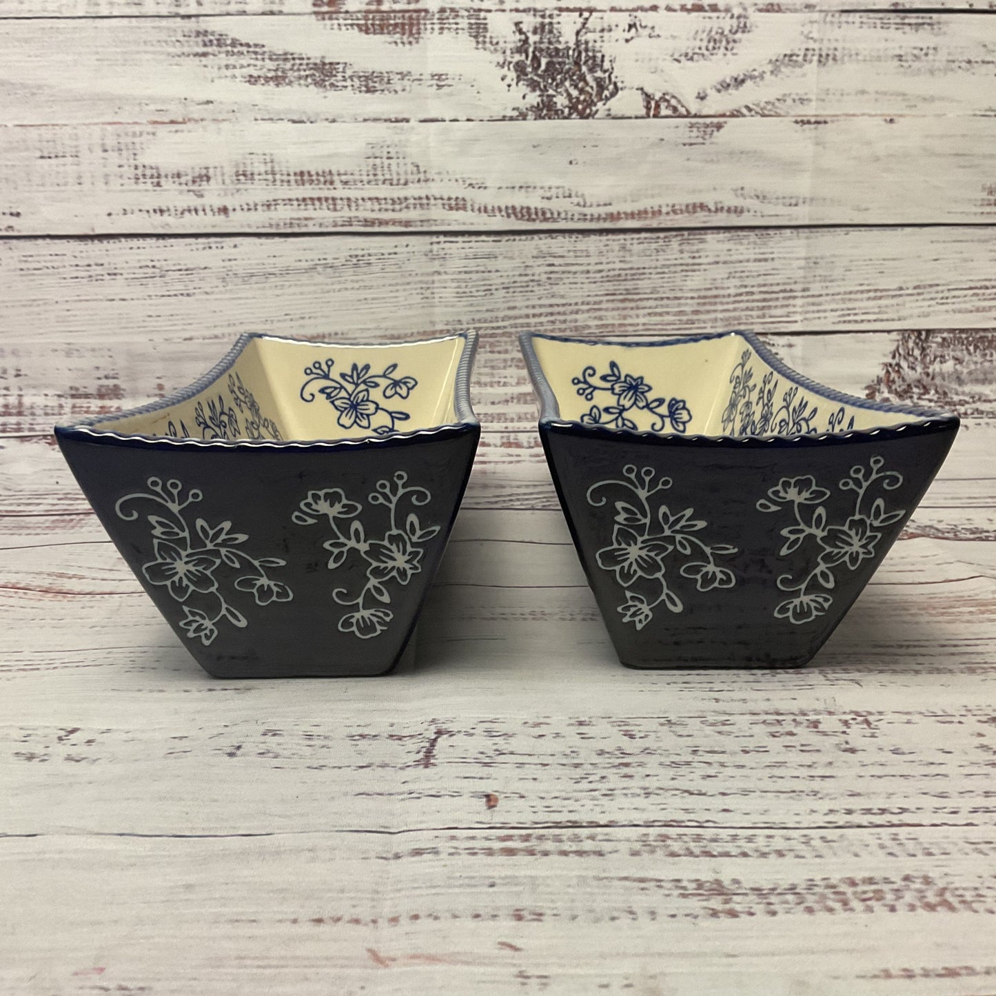 Temp Tations Rectangular Bowl Blue Floral Lace Ceramic Pair Of 2