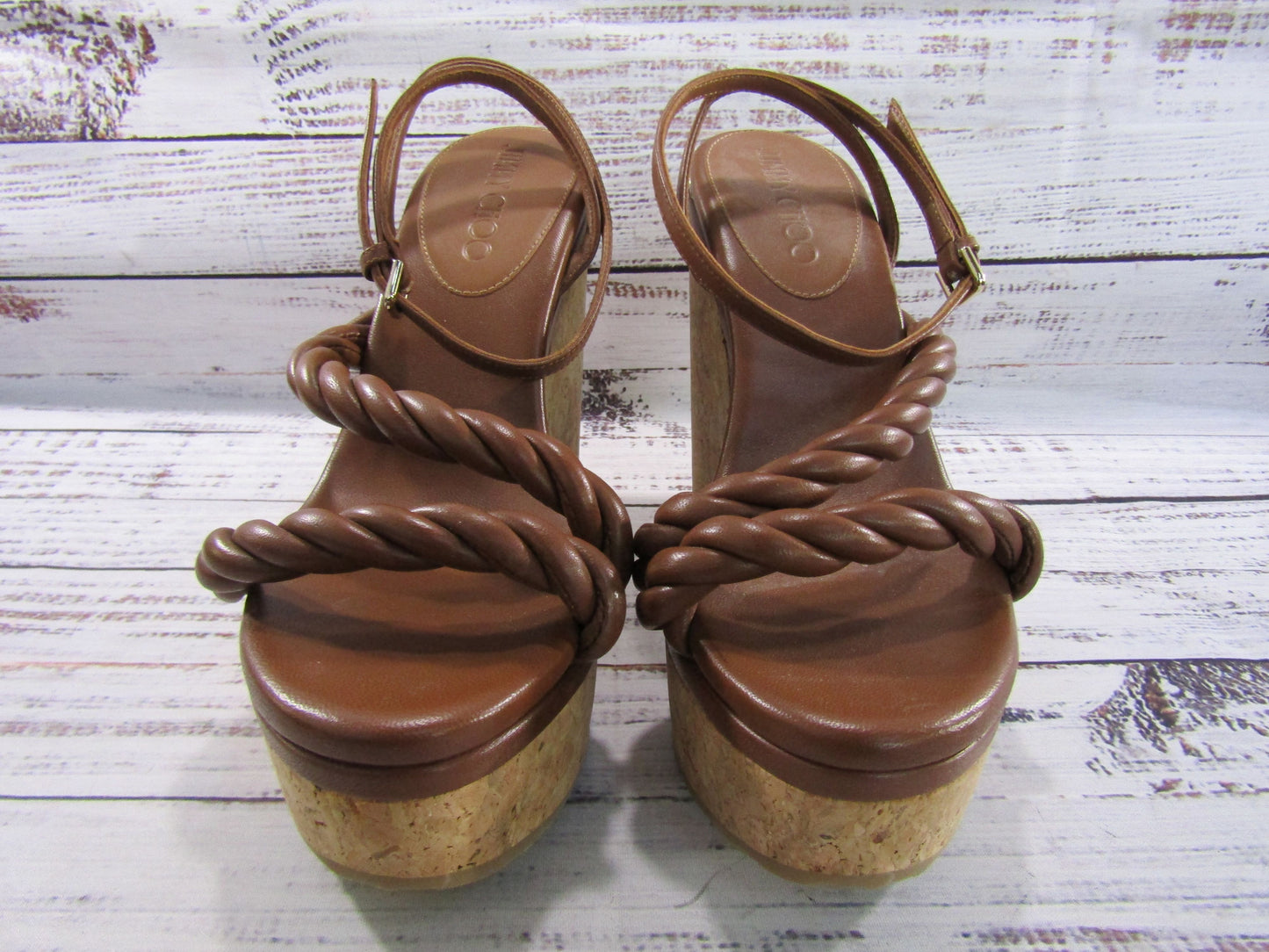 Jimmy Choo Diosa Women's Brown Leather Espadrille Wedge Sandals Made in Spain