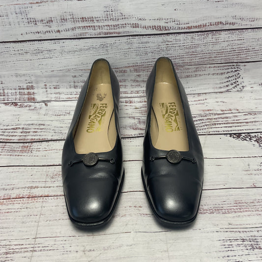 Salvatore Ferragamo Graphite Metallic Leather Block Heel Women Size 7