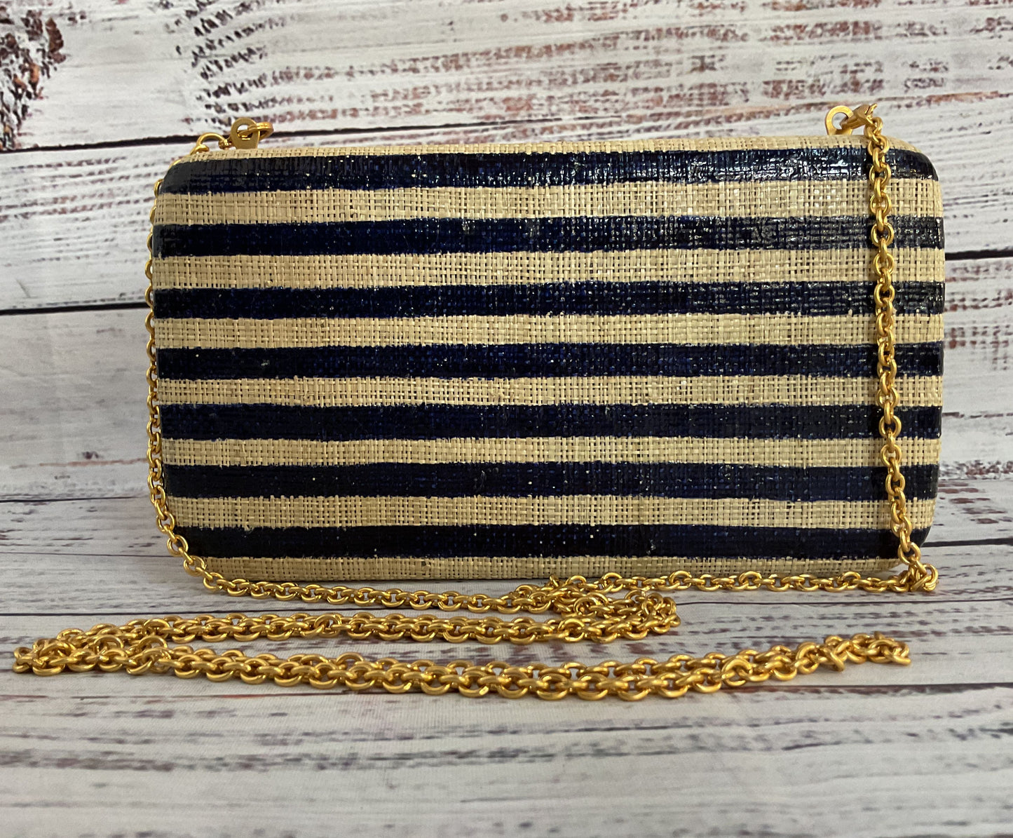 Kayu Vera Women's Beige Blue Striped Raffia Clutch Evening Bag MISSING LEMON