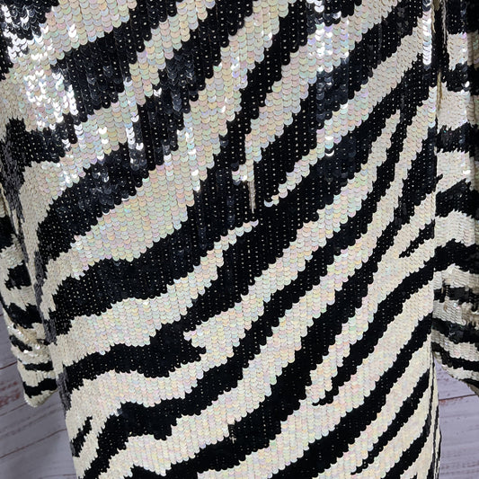 St. Martin Zebra Pattern White Black Sequin Long Sleeve Blouse - Size See Photos