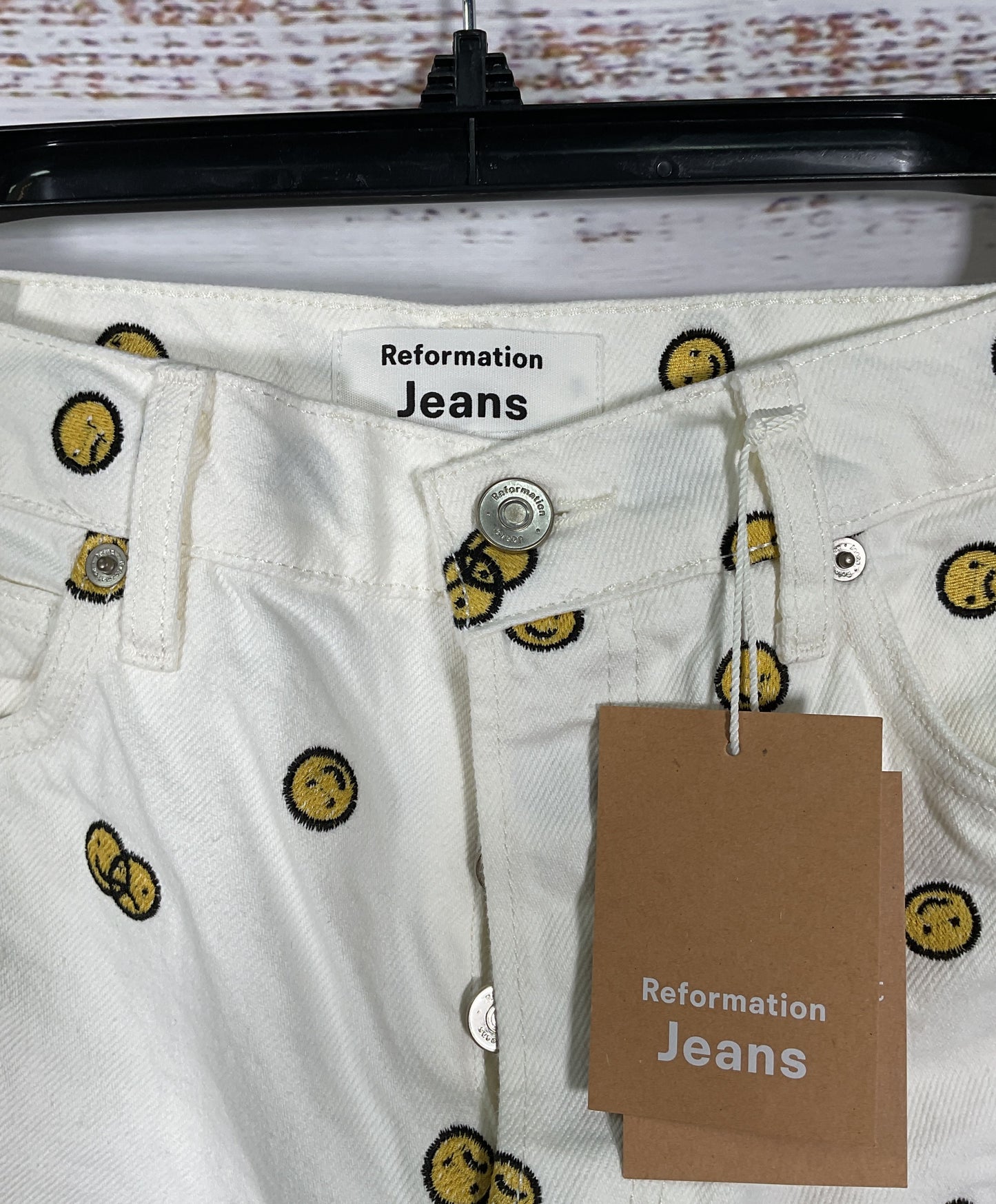Reformation White, Smiley/Frowny Face Pattern Pants - Size 27"