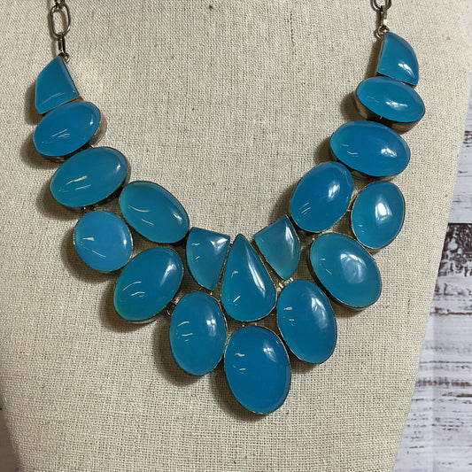 Silver Tone & Blue Stone Bib Statement Necklace