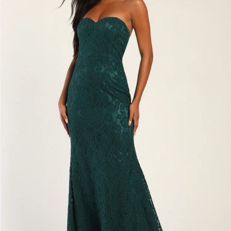 NEW Lulus Wow the Crowd Emerald Green Lace Strapless Mermaid Maxi Dress Size M