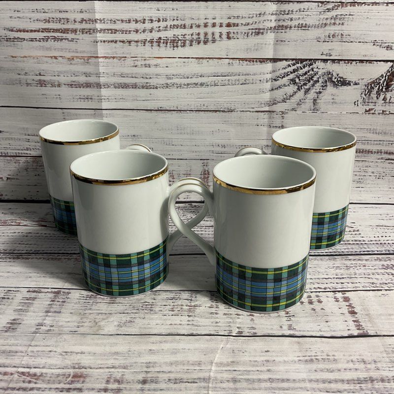 Set Of 4 Williams Sonoma Macneill Tartan Blue/Green Plaid 4" Tea Coffee Mugs