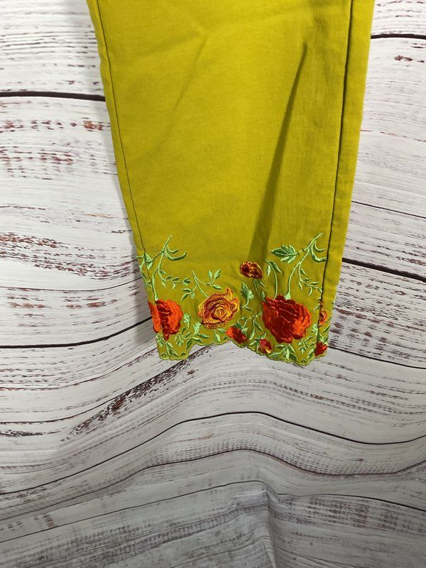 Vintage Creme Paris Women's Chartreuse Rose Embroidered Pants Size 1 France