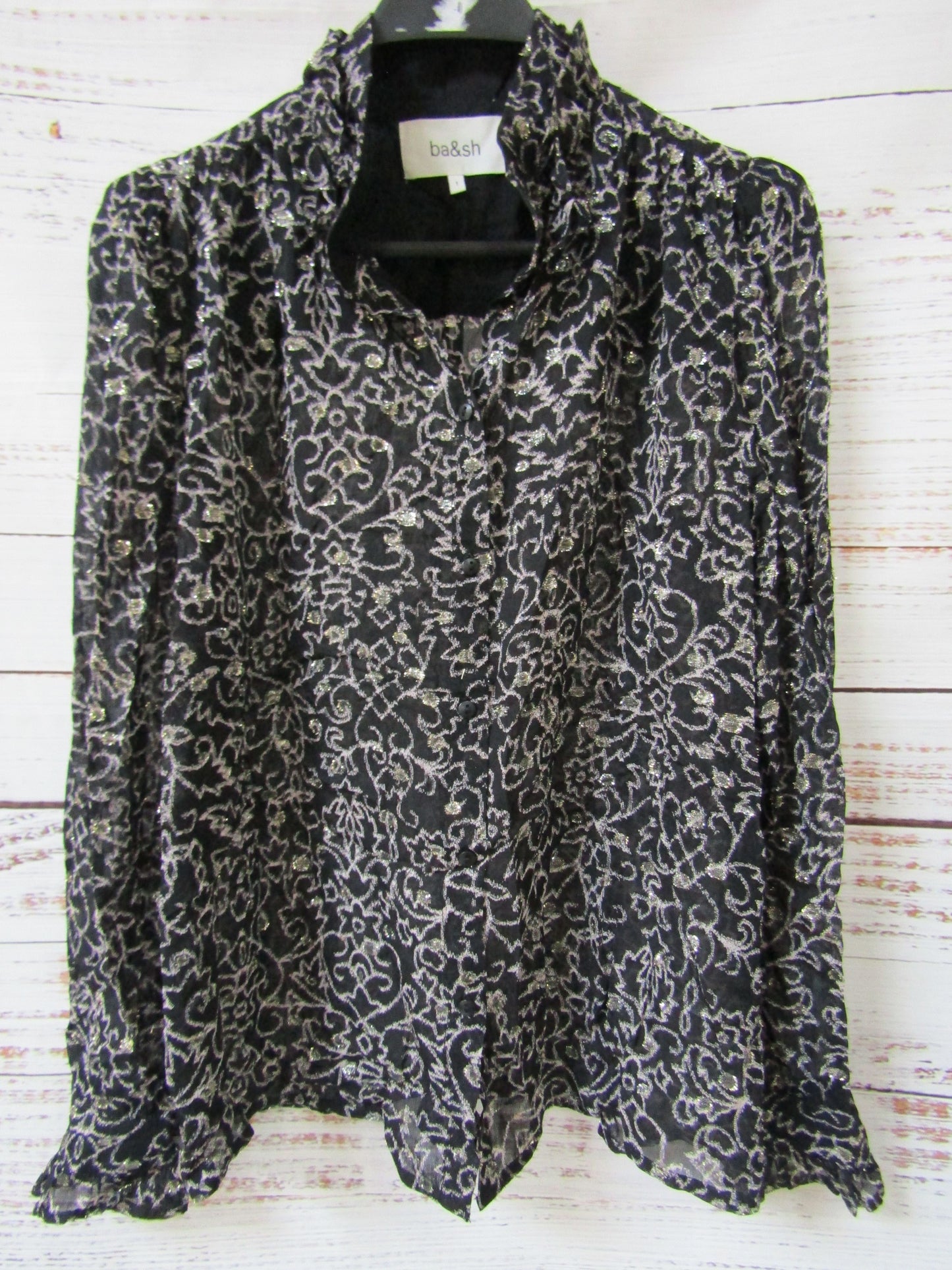 Ba&sh Amelia Women's Black Floral Metallic Embroidered Long Sleeve Blouse Size 1