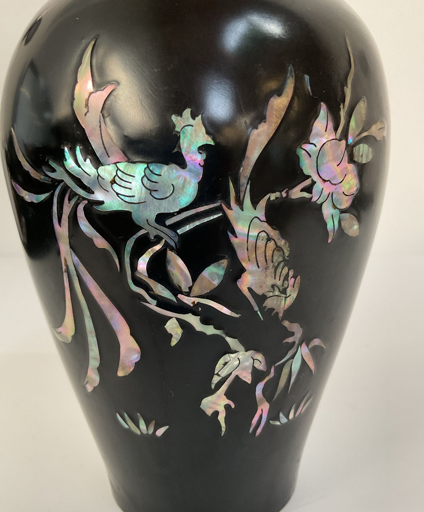Vintage Brass Black Lacquer Floral Bird Motif Mother of Pearl Inlay Vase