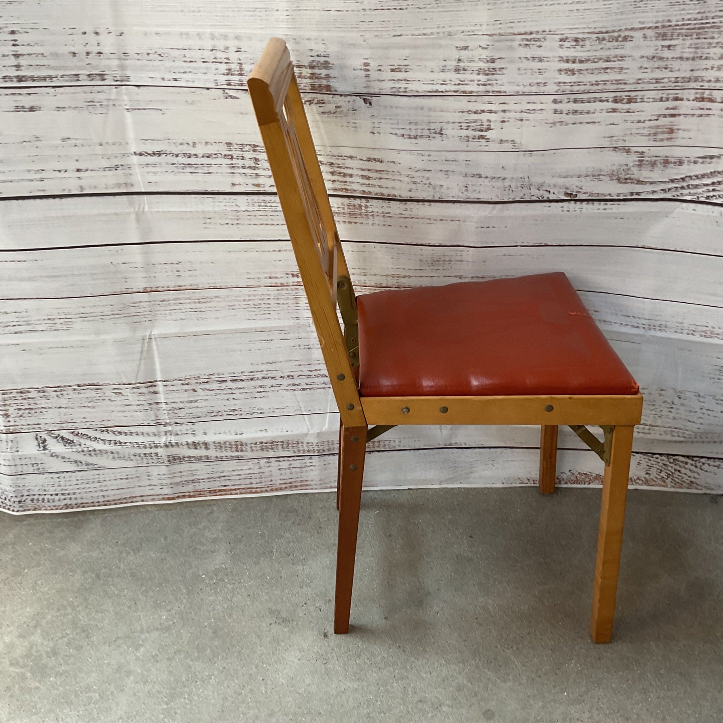 Leg O Matic Mid Century MCM Portable Coral Red Wood Folding Chair 2/4