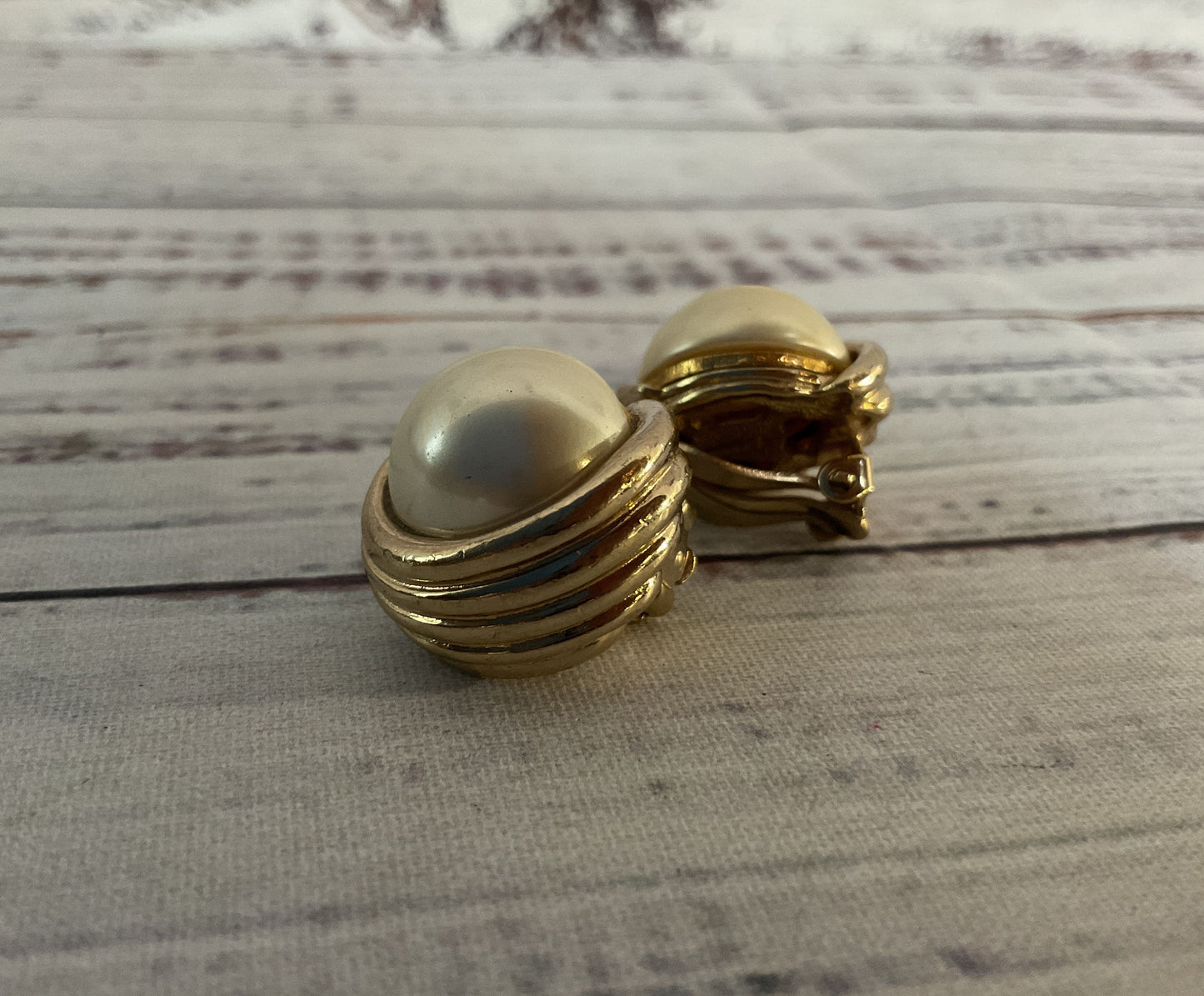 Vintage Panetta Gold Plated Faux Pearl Clip-On Earrings