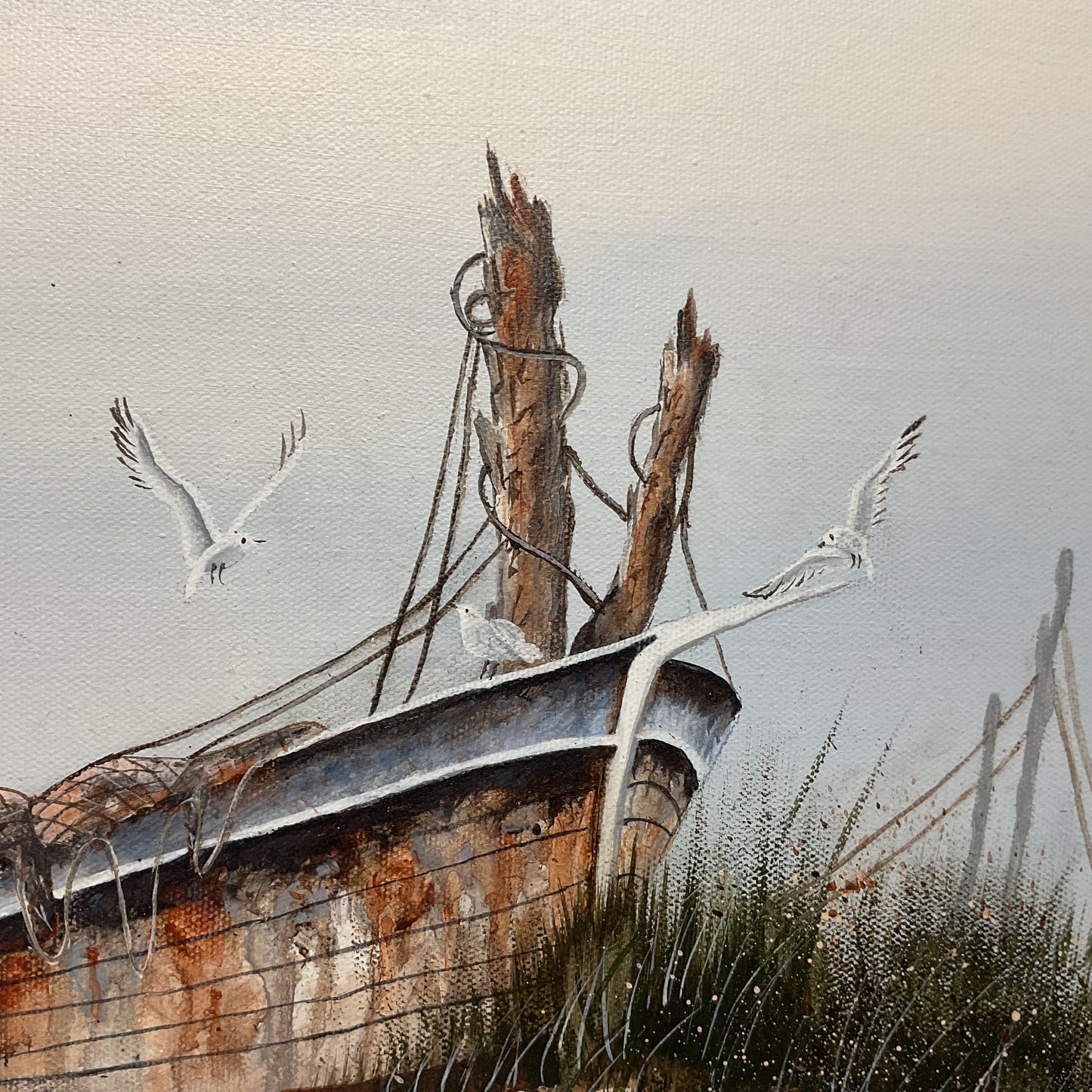 Fishing Boat Seagulls Hand Oil Painted on canvas by Blanche Phifer