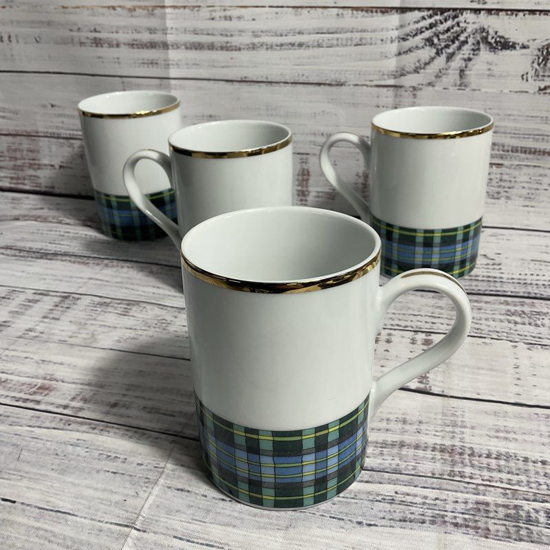 Set Of 4 Williams Sonoma Macneill Tartan Blue/Green Plaid 4" Tea Coffee Mugs