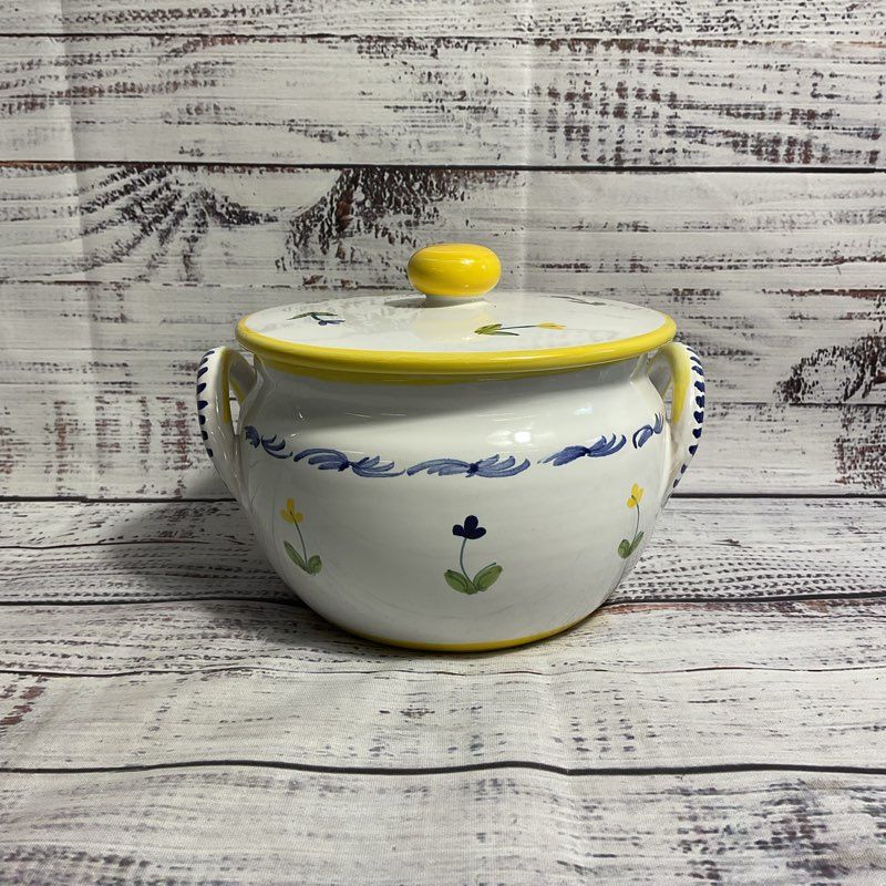Sigma Hand Painted Italian Ceramic Floral Two Handled Serving Bowl w/ Lid