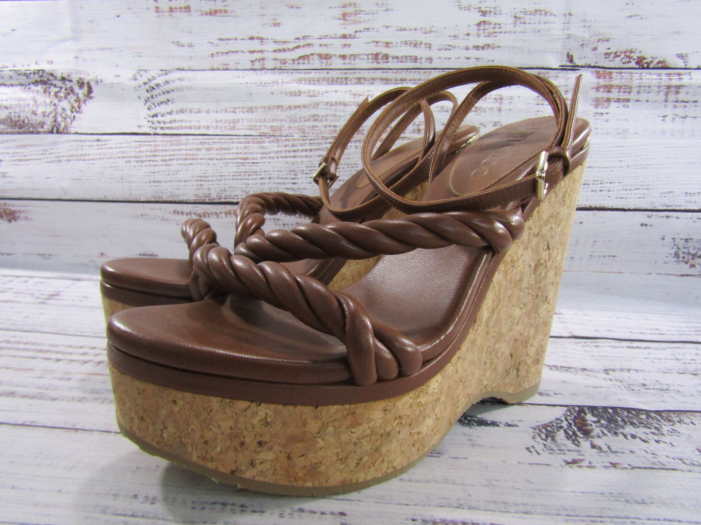 Jimmy Choo Diosa Women's Brown Leather Espadrille Wedge Sandals Made in Spain
