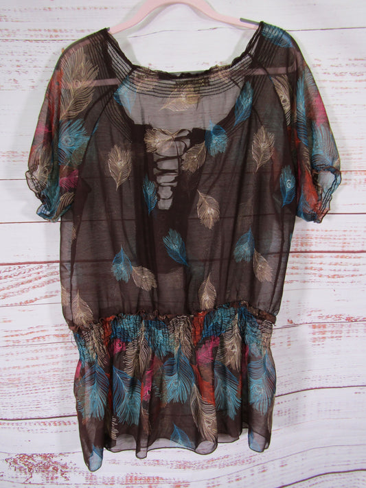 Michael K Women's Multi-Color Feather Print Blouse Size L