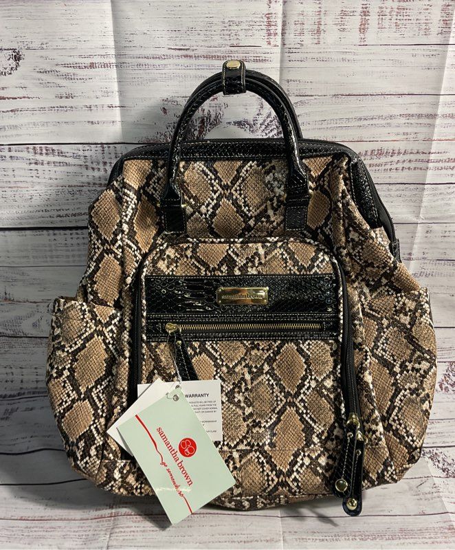 NEW Samantha Brown Snake Print Embossed Backpack Tan/Black Women's