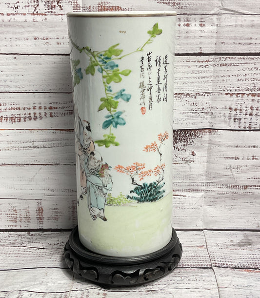 Vintage Mid 20th Century Chinese Cylindrical Vase with Stand Multicolor