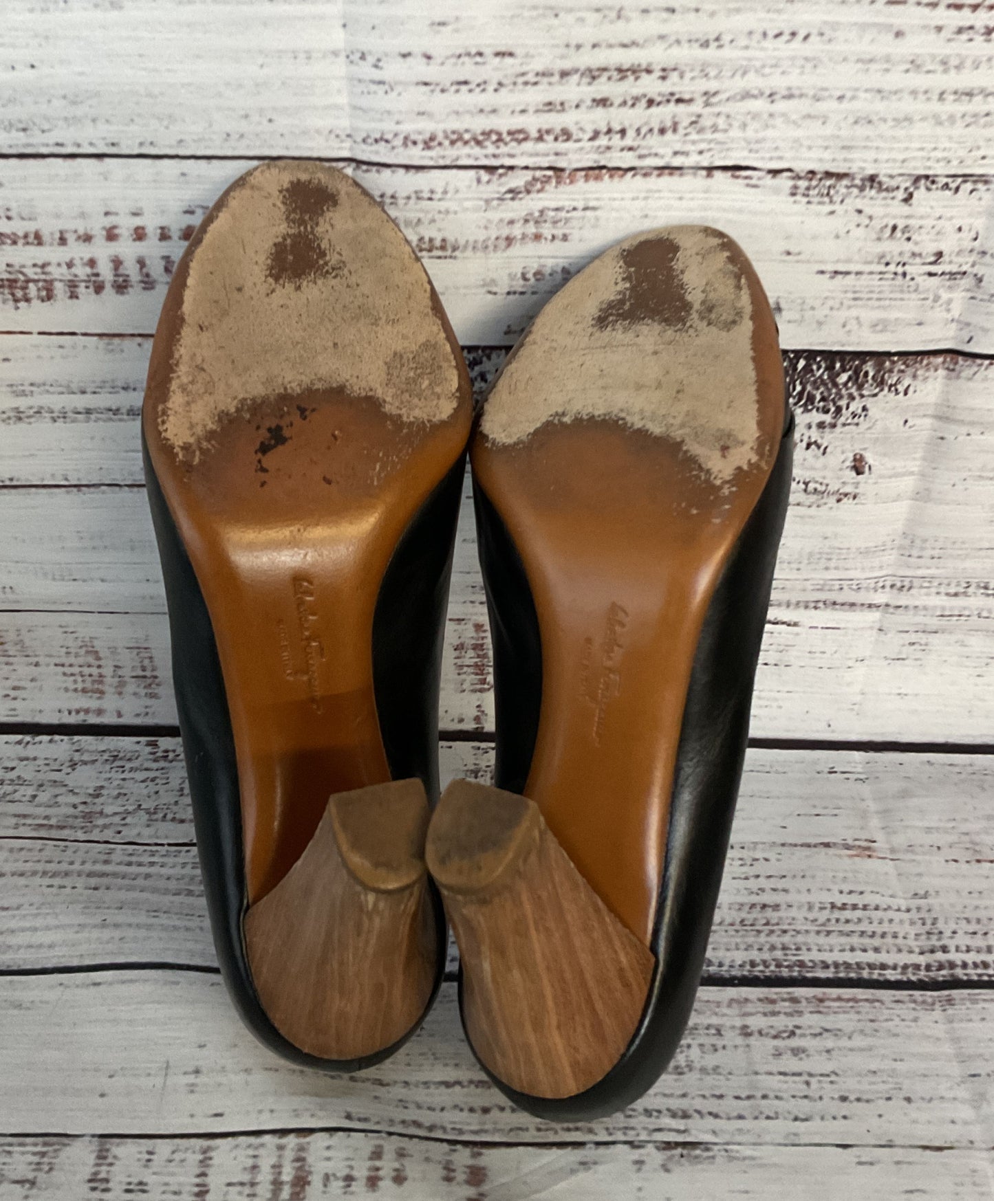 Salvatore Ferragamo Leather Criss Cross Wood Heel Pumps Black 7