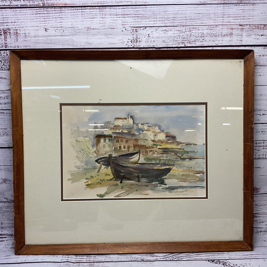 Boats Town By the Sea Church On The Hill Watercolor by G. Pimenta?