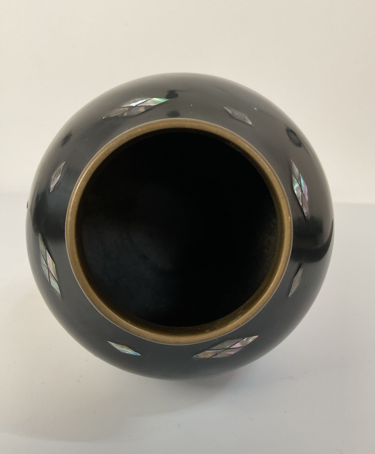 Vintage Brass Black Lacquer Floral Bird Motif Mother of Pearl Inlay Vase