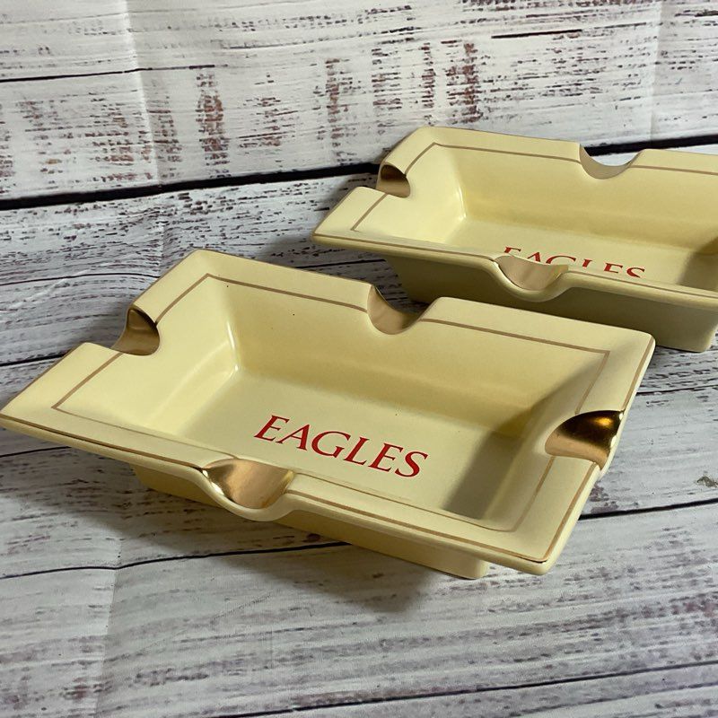 Set of 2 VTG. VIBEE Yellow with Gold Accent Ashtrays- 6" x 4"