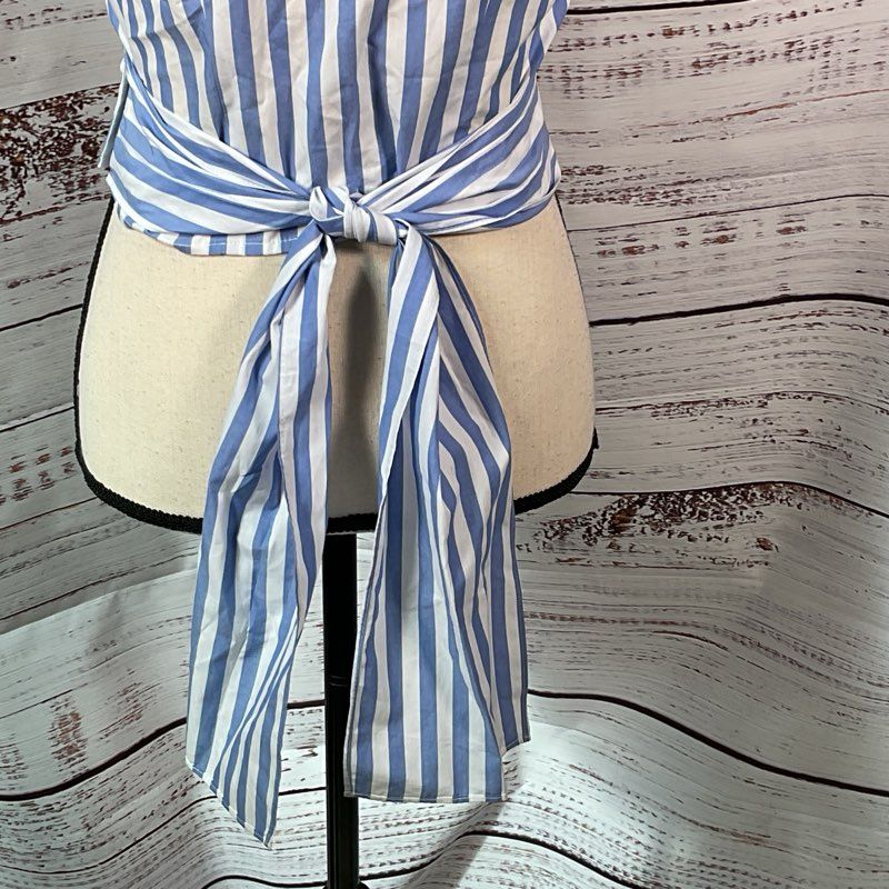 NWT STAUD Sample Women's Blue/White Strip Wrap Sleeveless Blouse- SZ 4