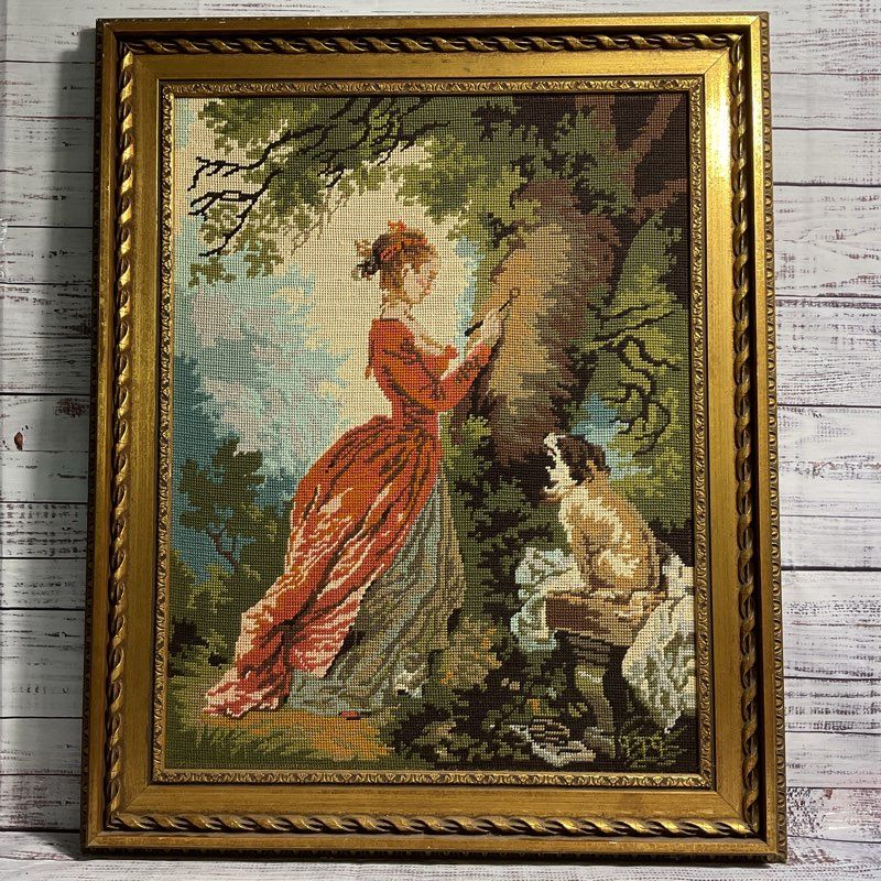 VTG 1979 Woman Carving Her Initials Needlepoint Reproduction Textile Art Framed