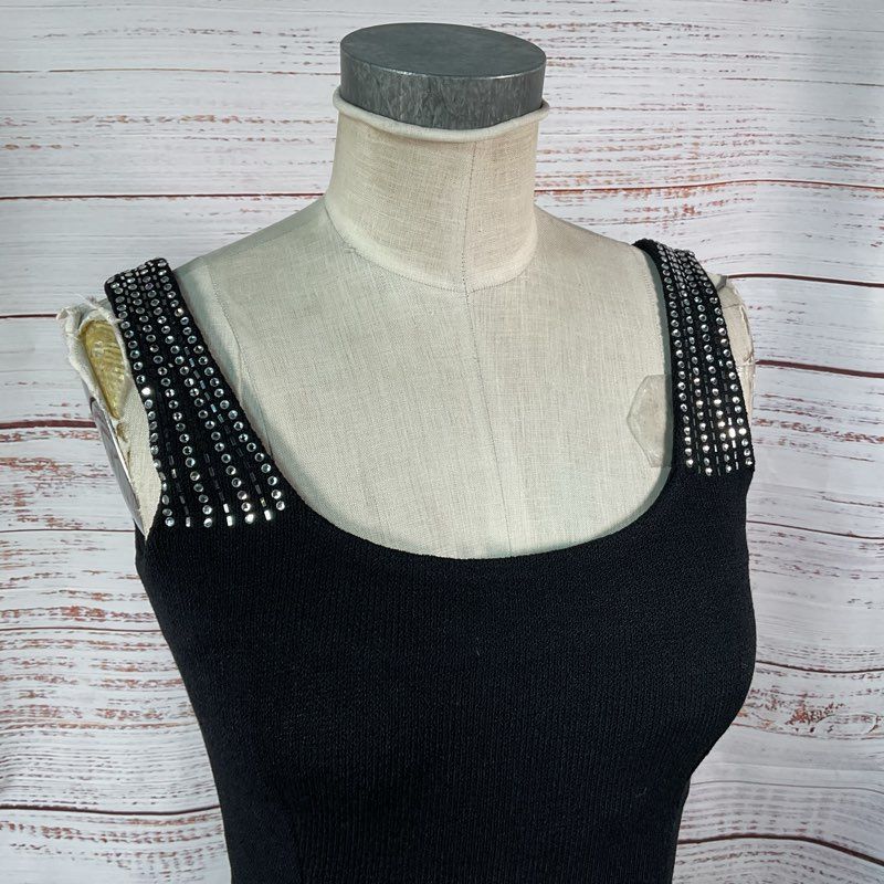 VTG. St John Evening Black Knit Rhinestone Detail Mini Evening Dress - Size 4