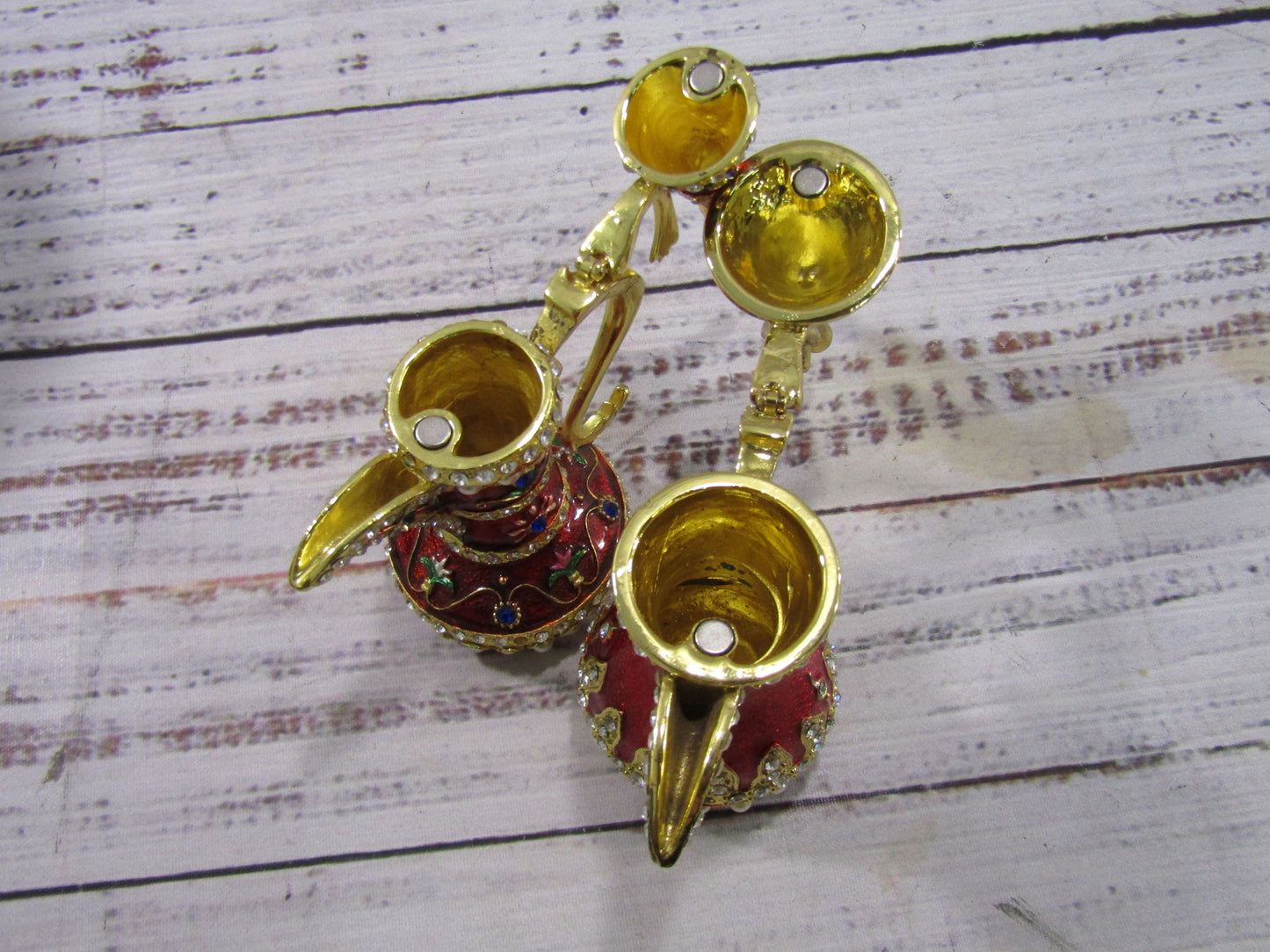 Ornate Gold Plated Red Enamel Dallah Ibrik Trinket Box Set of 2