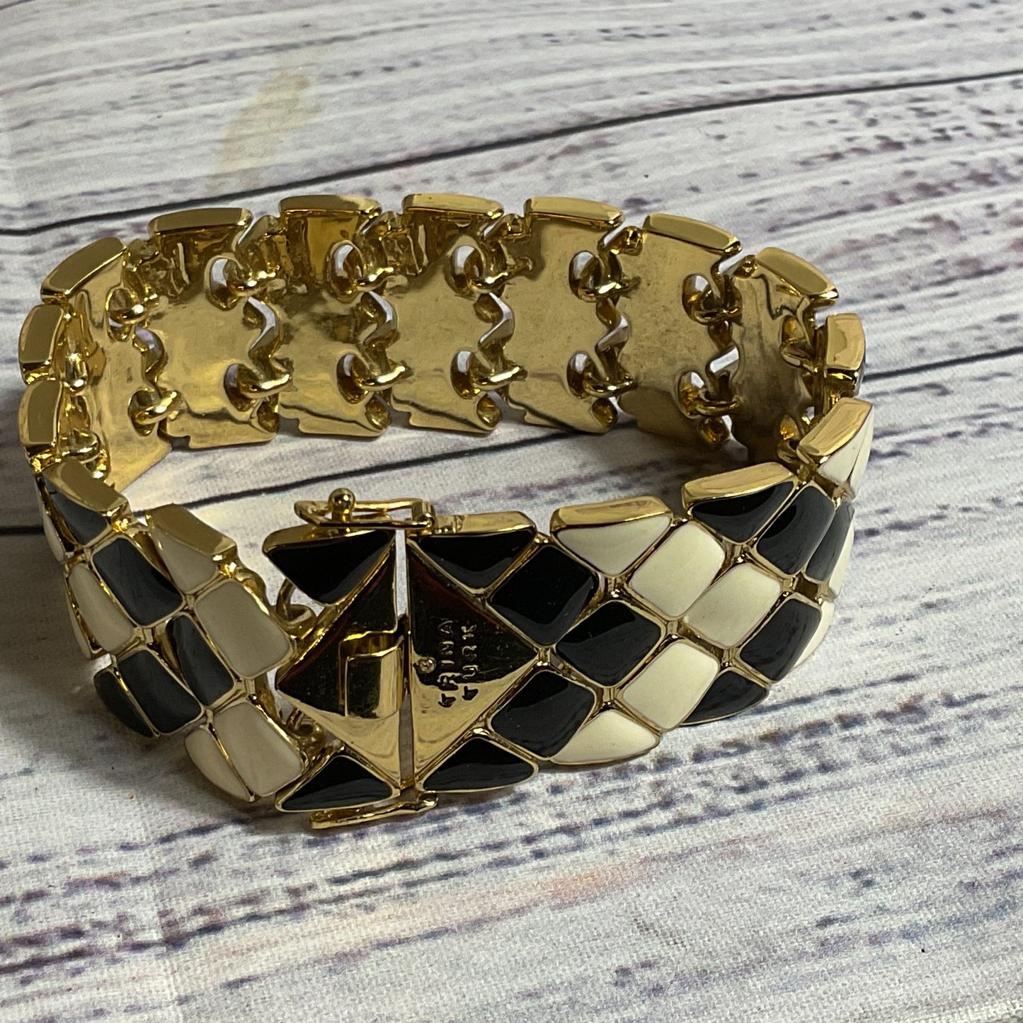 TRINA TURK Gold Tone White/Black Enamel Wide Bracelet