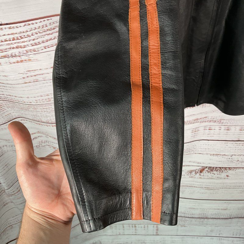 Vera Pelle Black Leather Brown Racing Stripe Full Zip Biker Jacket - Size 46