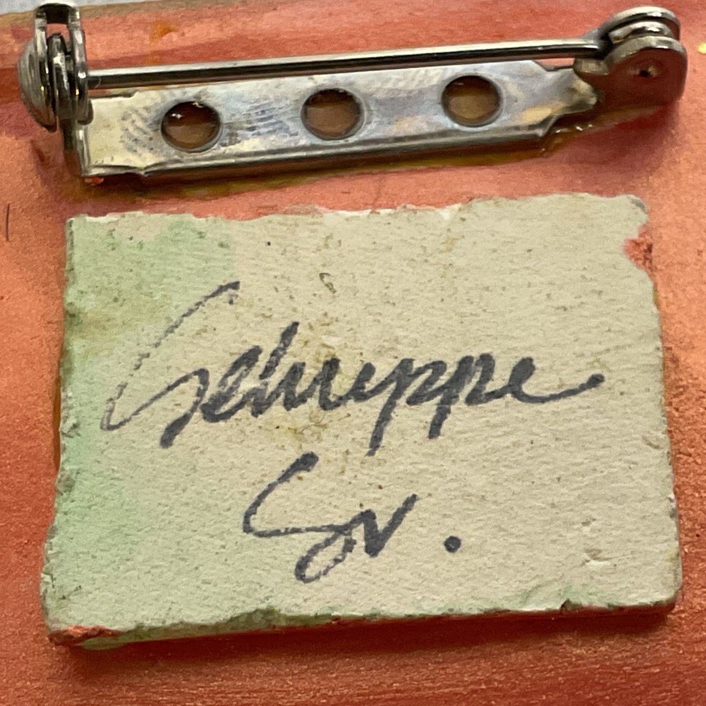 Signed VTG. SCHUPPE SR. Miniature Framed Christmas Tree Painting Brooch- 1.5"
