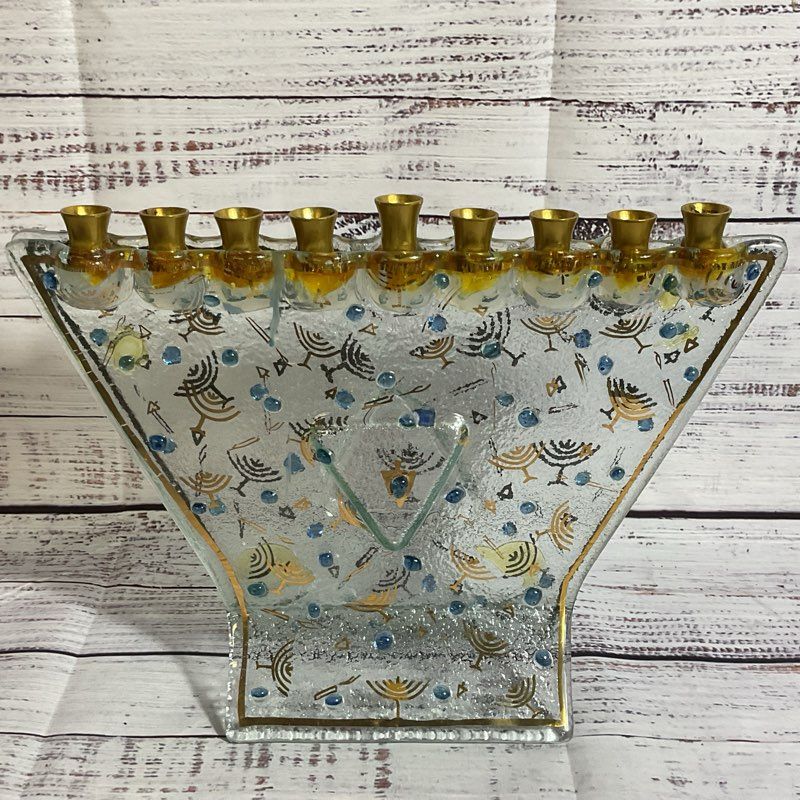 Judaica Art Glass Menorah with Brass- 8.25" x 11"
