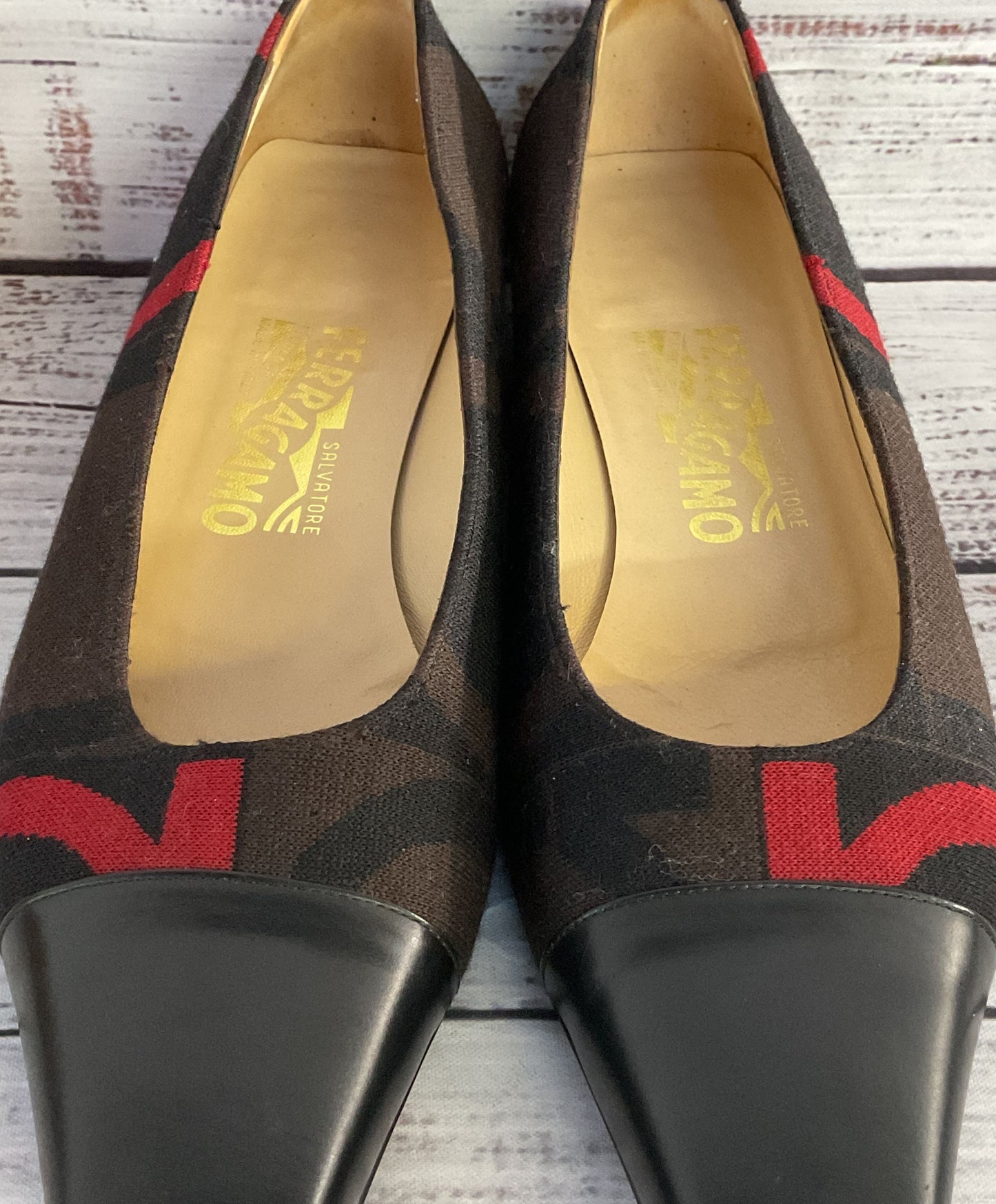 Salvatore Ferragamo Square Toe Logo Pattern Pump Heels Multicolor 8