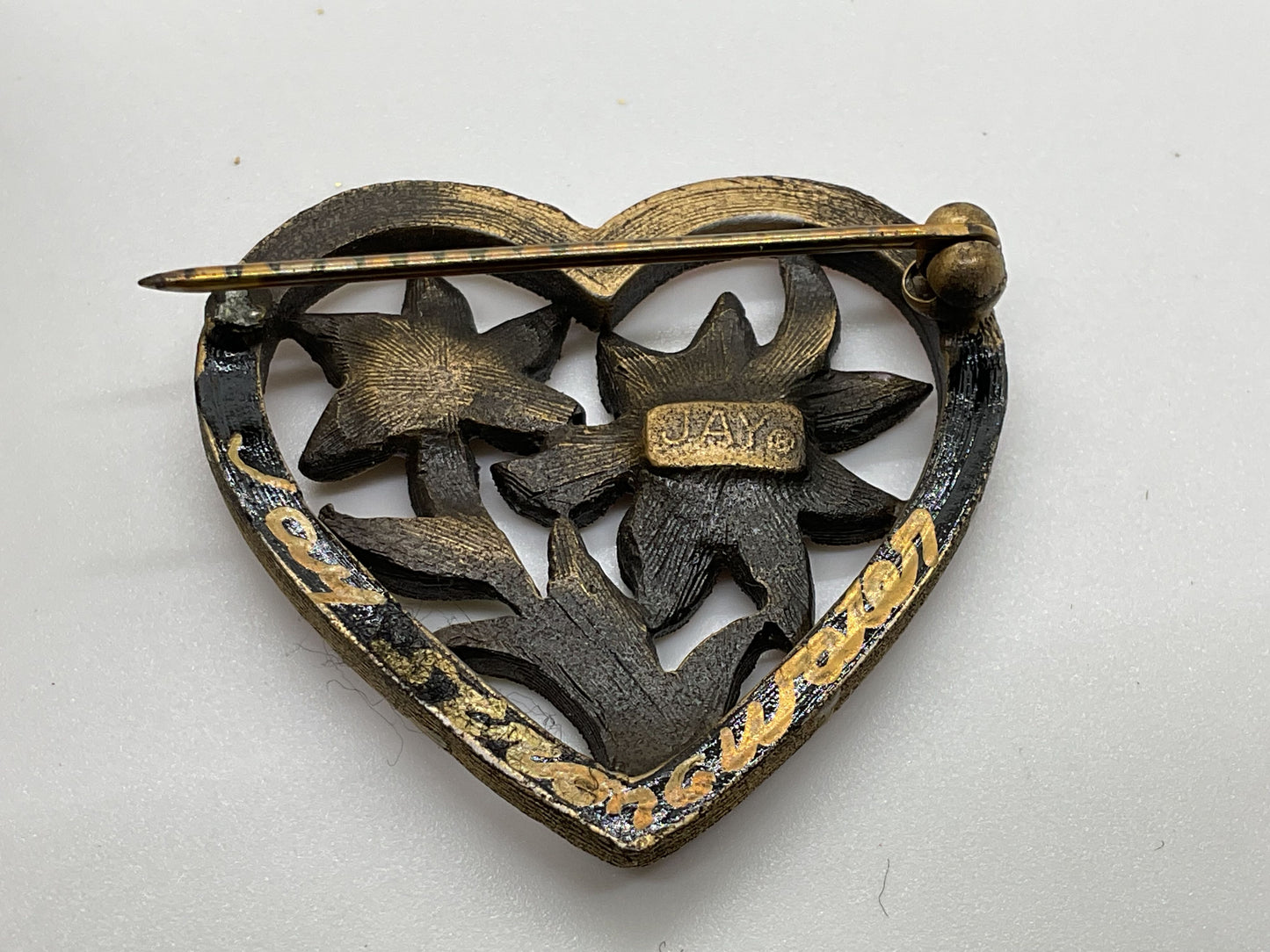 JAY STRONGWATER Enamel & Rhinestone Floral Heart 1.25" Brooch- (BROKEN BACKING)