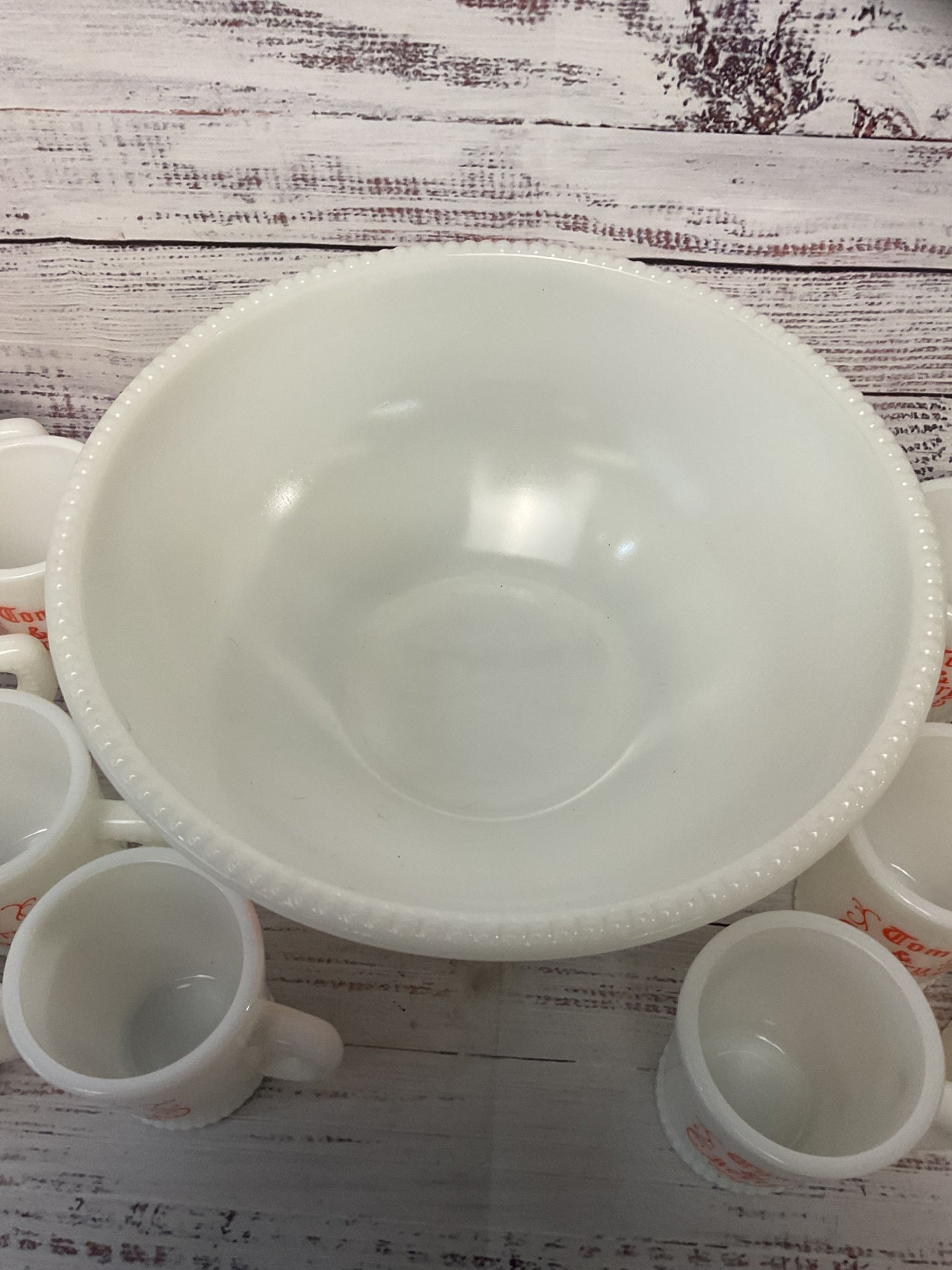 Mckee Tom & Jerry Milk Glass 12 Cups 1 Punch Eggnog Bowl 11" 12 Mugs