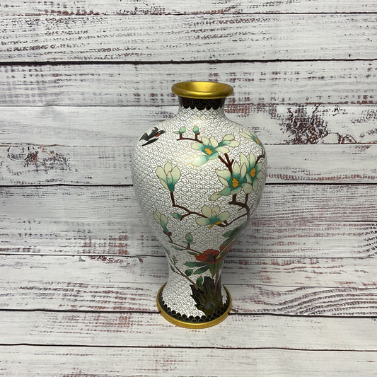 Cloisonne Floral Bird Design White Enamel Brass Vase 10.5"