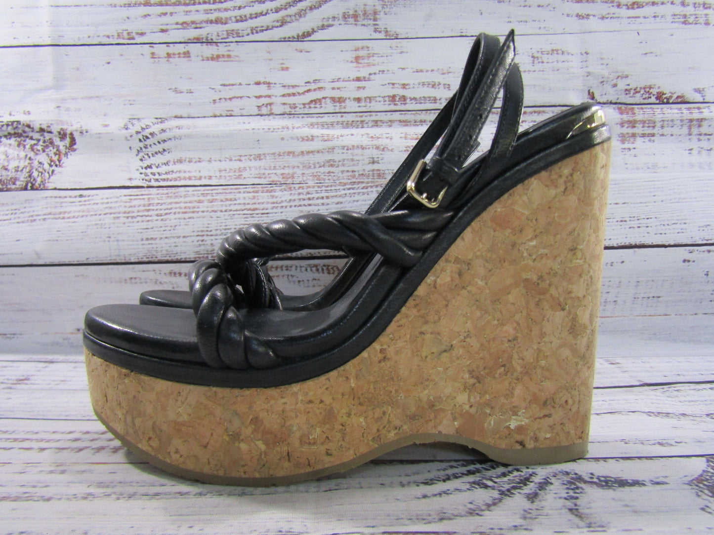 Jimmy Choo Diosa Women's Black Leather Espadrille Wedge Sandals Made in Spain
